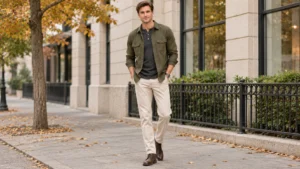 Charcoal henley shirt layered under an olive overshirt with ecru jeans and dark boots.