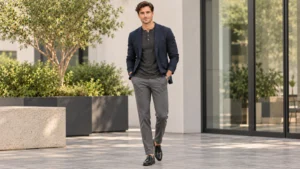 Man styling a charcoal henley shirt under a navy blazer with grey tailored trousers and black loafers.