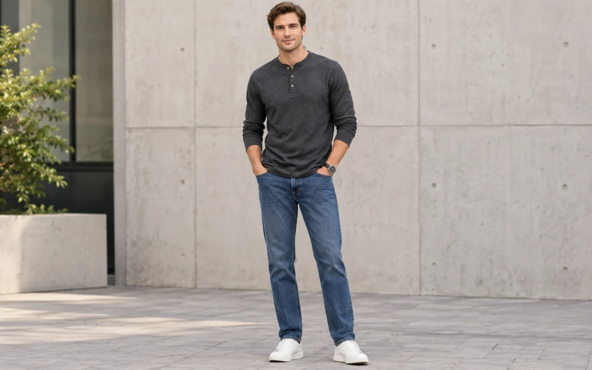 Man wearing a charcoal henley shirt with blue jeans and white sneakers – how to style a henley shirt for men.