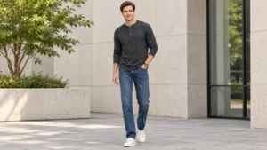 Charcoal henley shirt styled with straight-leg blue jeans and white sneakers for a casual men's outfit.