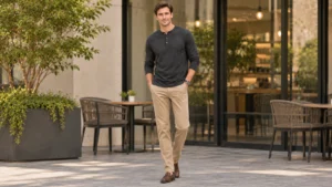 Man wearing a charcoal henley shirt with sand-colored chinos and brown loafers for a smart-casual look.