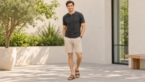 Charcoal short-sleeve henley shirt with stone shorts and leather sandals for a men's summer outfit.