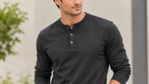 Close-up of a charcoal henley shirt showing the button placket, shoulder seams and fabric fit.